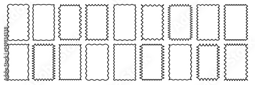 Cloudy wave curve edge frame vector set black color wavy scalloped doodle drawn style for decoration, funky zigzag