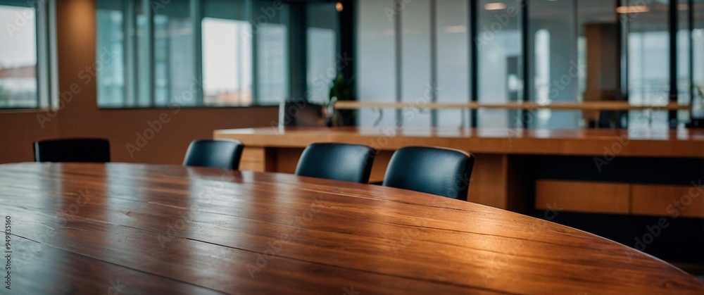 Empty round wooden conference table mockup. Indoor business exposition exhibit platform. Unoccupied wooden table at the office room interior surrounded by chairs, perfect for commerce presentations. Empty round wooden conference table mockup. Indoor business exposition exhibit platform. Unoccupied wooden table at the office room interior surrounded by chairs, perfect for commerce presentations.