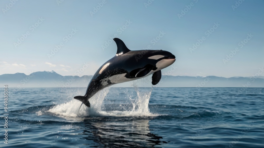 Orca whale leaping from ocean, water splashing, transparent background
