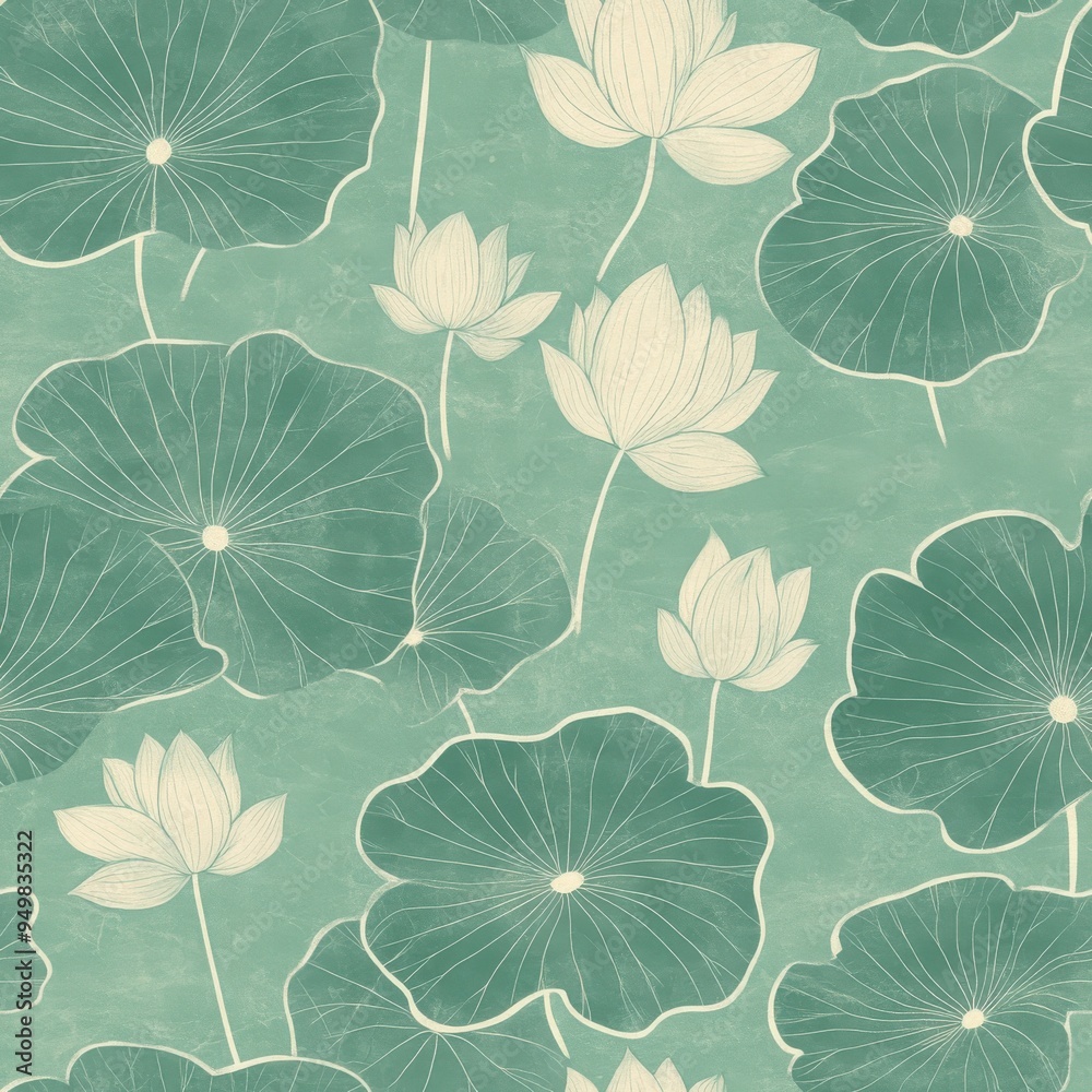 Obraz premium vintage retro style Teal green style lotus leaf pattern on vintage page background, seamless repeating pattern, minimal pattern