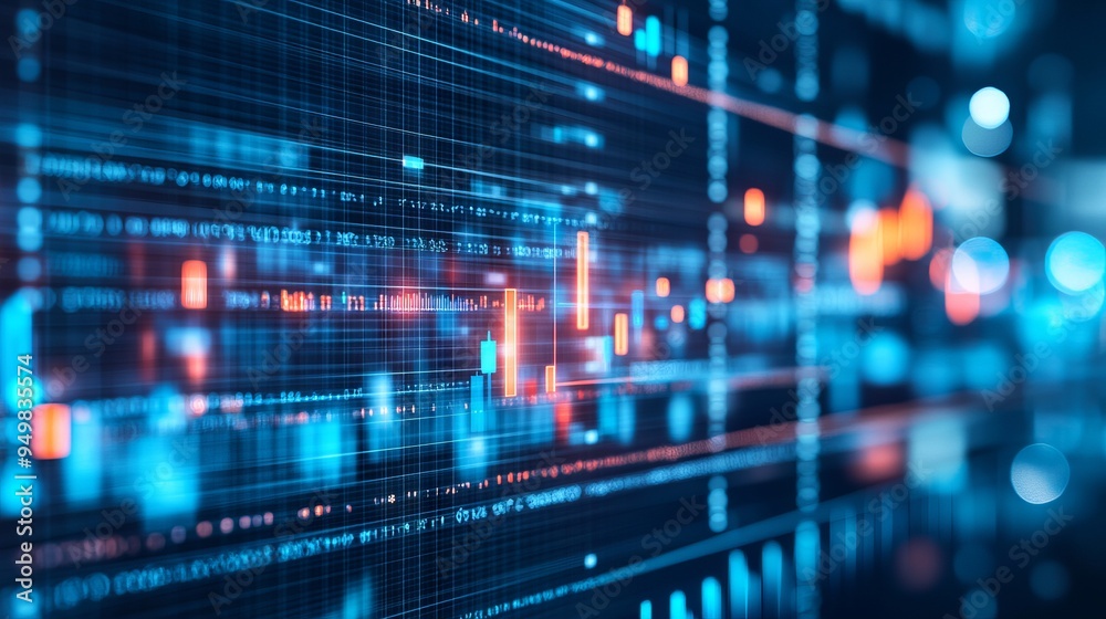 Insight into stock market expansion, business investments, and data analytics, illustrated with digital charts, graphs, and indicators on a blurred dark blue background Insight into stock market expansion, business investments, and data analytics, illustrated with digital charts, graphs, and indicators on a blurred dark blue background