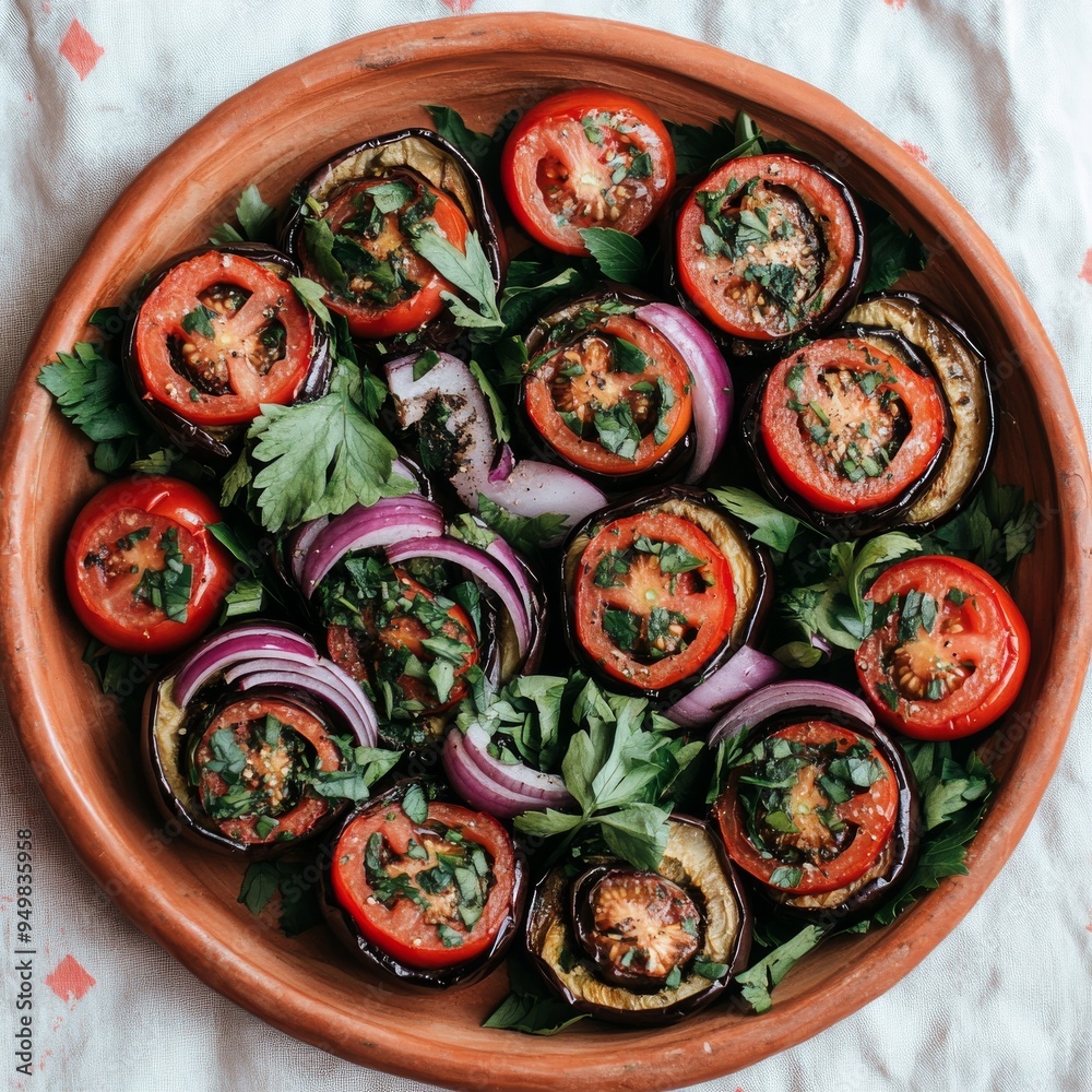 The most delicious imam bayildi platter, eggplants stuffed with tomatoes, onions, and herbs, baked to perfection and garnished with fresh parsley The most delicious imam bayildi platter, eggplants stuffed with tomatoes, onions, and herbs, baked to perfection and garnished with fresh parsley