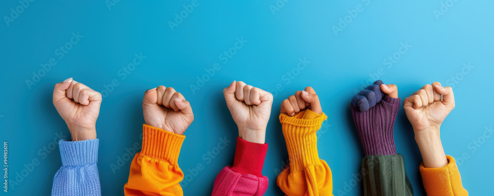 Fototapeta premium Six hands of different people wearing colorful sweaters raise their fists in solidarity, symbolizing unity and empowerment.