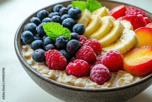 A bowl of oatmeal topped with blueberries, raspberries, banana slices, and apricot slices.