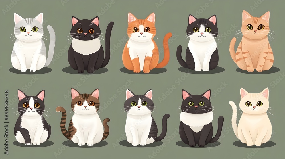 Charming Cartoon Cats in Variety of Breeds on Soft Colored Background Charming Cartoon Cats in Variety of Breeds on Soft Colored Background