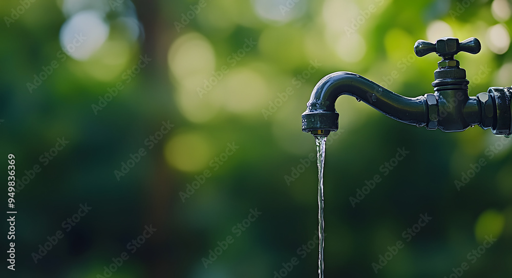 Water Tap with Water Dripping Against a Green Nature Background, Symbolizing Environmental Conservation, Sustainability, and the Importance of Water Preservation, Ideal for Promoting Eco-Friendly Prac Water Tap with Water Dripping Against a Green Nature Background, Symbolizing Environmental Conservation, Sustainability, and the Importance of Water Preservation, Ideal for Promoting Eco-Friendly Prac
