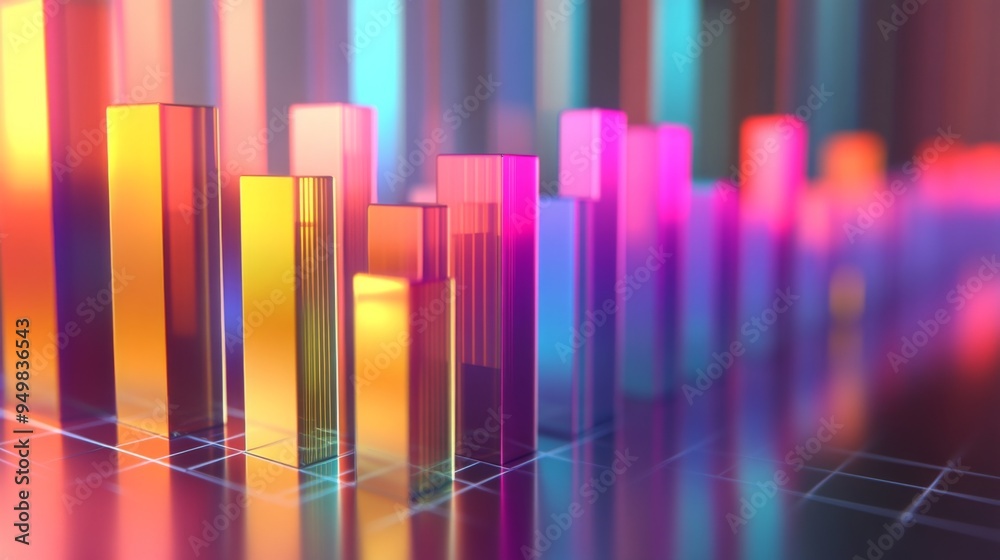A 3D bar chart with gradient-colored bars, each bar rising from a digital base, with data labels and a smooth, blurred background for a polished and professional look. A 3D bar chart with gradient-colored bars, each bar rising from a digital base, with data labels and a smooth, blurred background for a polished and professional look.