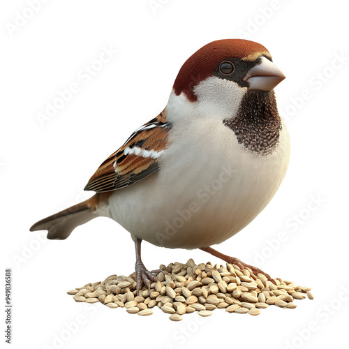 Close-up of a sparrow perched on seeds, showing detailed feathers and vibrant colors, perfect for nature and wildlife themes. photo