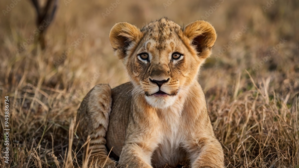 Pair of lion cubs in African savannah Pair of lion cubs in African savannah