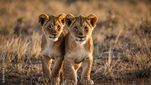 Pair of lion cubs in African savannah 