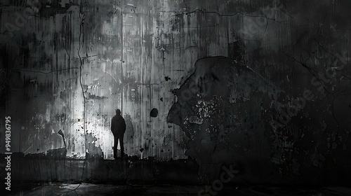 A gritty black and white grunge scene with cracked concrete walls, peeling paint, and a shadowy figure standing in the foreground, emphasizing the raw textures and moody atmosphere.