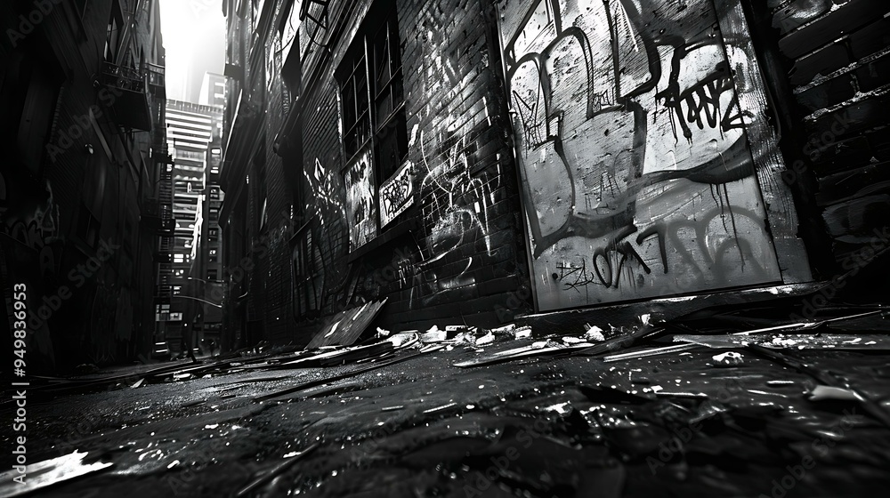 Fototapeta premium A high-contrast black and white grunge composition showing a deserted urban alleyway with graffiti-covered walls, broken windows, and scattered debris, evoking a sense of decay and abandonment.