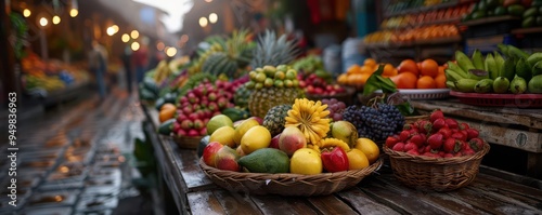 Bustling farmers market with fresh produce and vibrant stalls, lively and colorful, Rustic, Bright colors, Photograph, Market detail