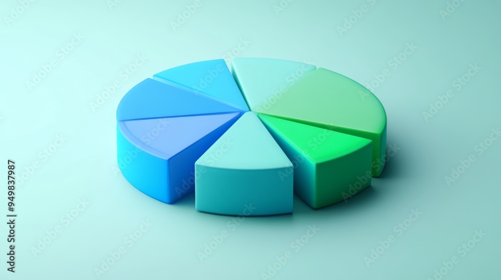 Obraz premium A 3D pie chart with segments in various shades of blue and green, rotating slightly, symbolizing dynamic data visualization in a digital marketing presentation.