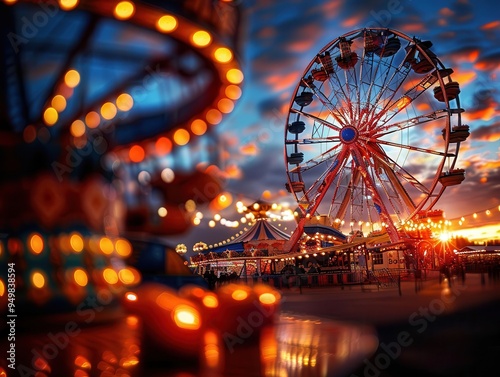 Ferris wheel at a carnival, colorful lights and happy faces, nostalgic and fun, Amusement, Warm tones, Photograph, Joyful scene