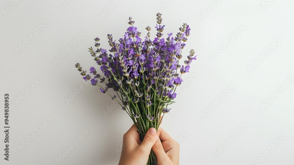 hand gracefully holds a bouquet of lavender flowers against a plain white background. hand gracefully holds a bouquet of lavender flowers against a plain white background.