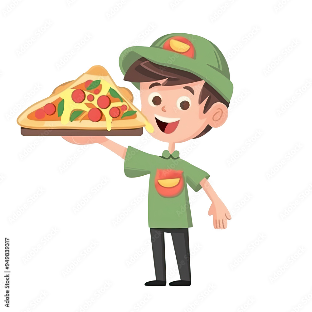 An illustration of a pizza boy holding a pizza