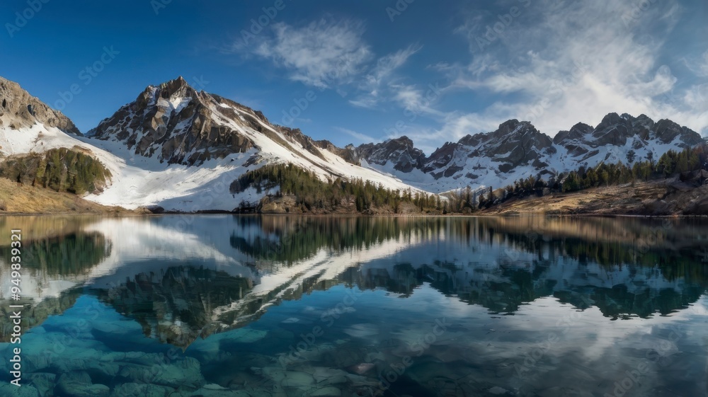 Panorama of mountain reflection in blue lake Panorama of mountain reflection in blue lake