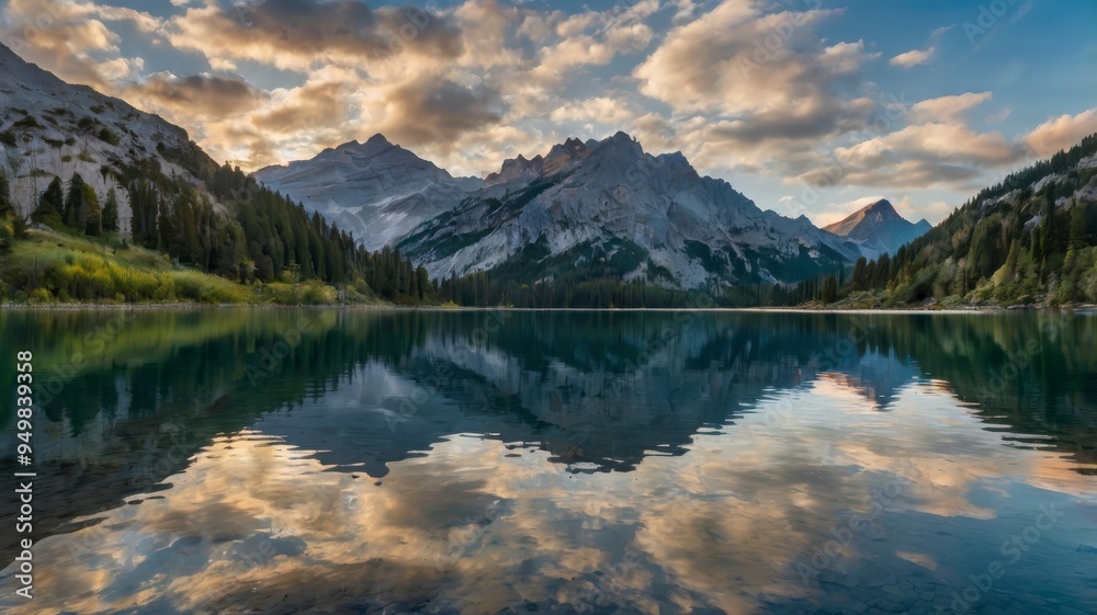 Panorama of mountain reflection in blue lake Panorama of mountain reflection in blue lake