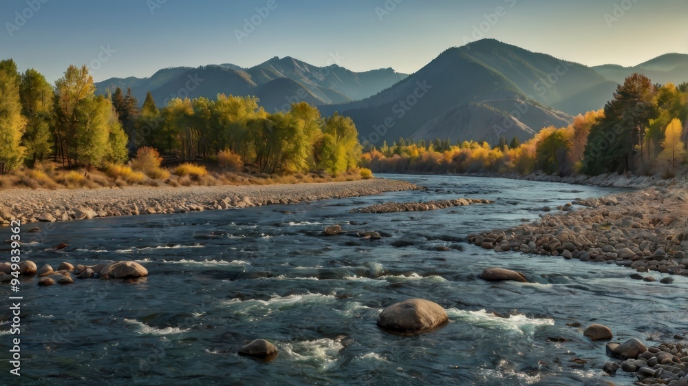 Fototapeta premium Panorama of North American river with mountain backdrop