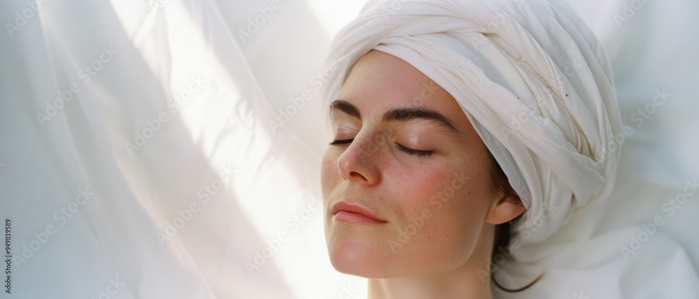 A woman with closed eyes and a serene expression, wearing a white headscarf, radiates tranquility in soft, diffused natural light. A woman with closed eyes and a serene expression, wearing a white headscarf, radiates tranquility in soft, diffused natural light.