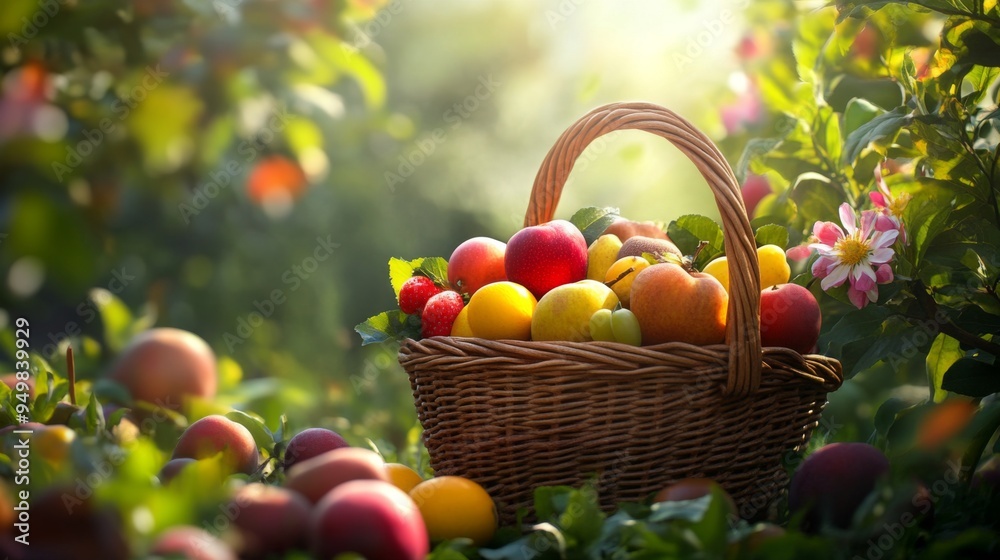 A beautifully arranged fruit basket with a mix of seasonal fruits, set against a background of a thriving fruit garden A beautifully arranged fruit basket with a mix of seasonal fruits, set against a background of a thriving fruit garden