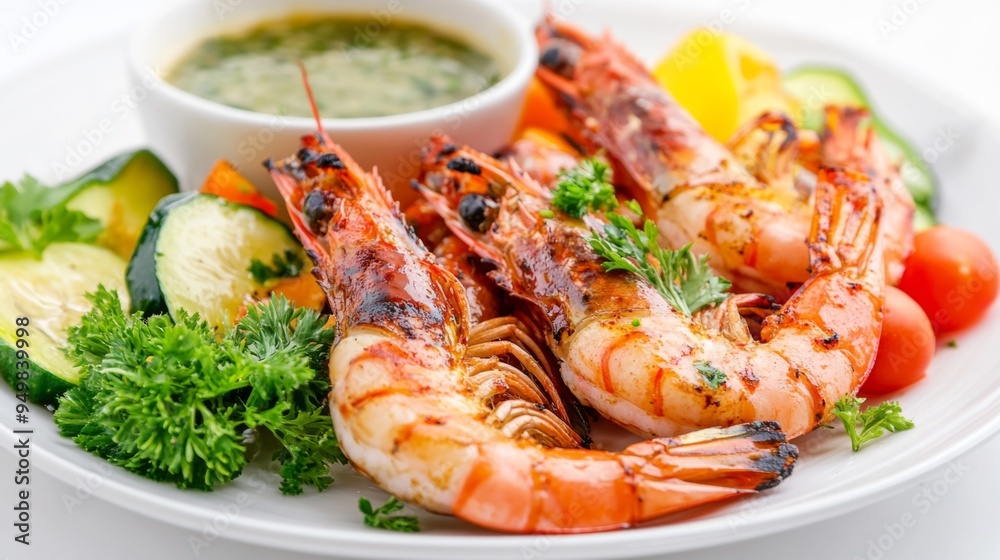 A beautifully arranged plate of grilled prawns with a golden-brown crust, served with grilled vegetables and a fresh dipping sauce, on a white backdrop. A beautifully arranged plate of grilled prawns with a golden-brown crust, served with grilled vegetables and a fresh dipping sauce, on a white backdrop.