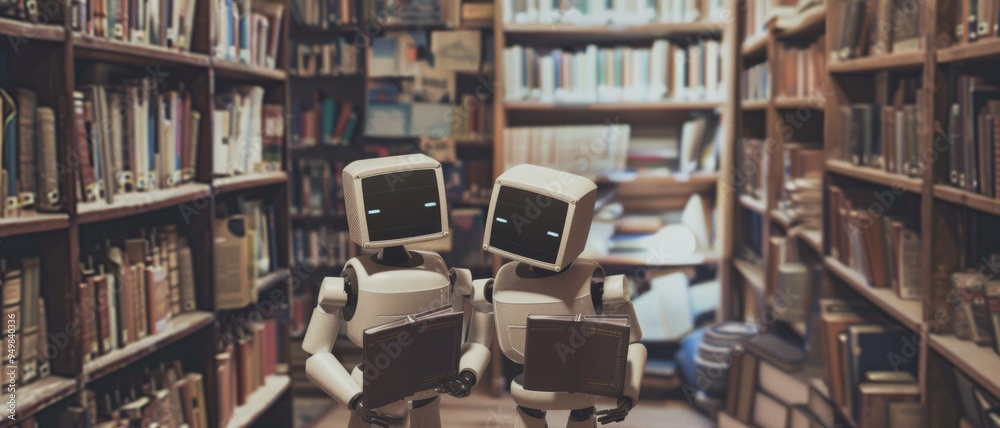 Fototapeta premium Two robots carry books in a cozy, old-fashioned library, epitomizing the fusion of technology and tradition.
