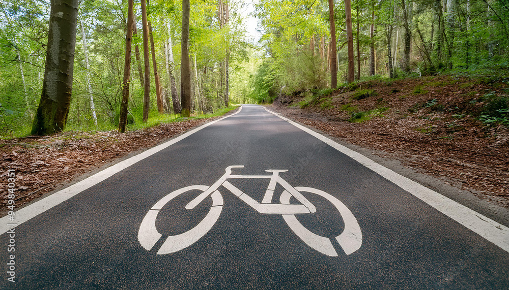 Obraz premium Road in green park with bike lane marked by painted bicycle symbol on asphalt. Active rest concept