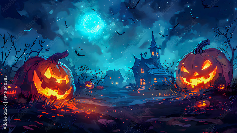 Naklejka premium Halloween pumpkin village at night, Jack o lanterns