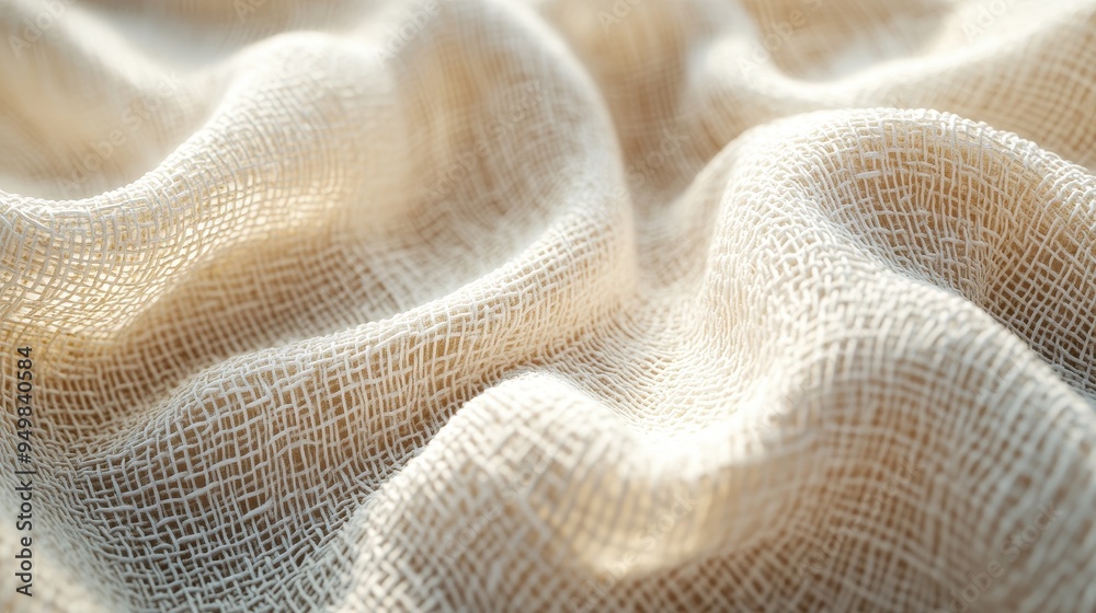 Close-Up of Beige Textured Fabric with Soft Waves and Intricate Weave Pattern in Natural Light Close-Up of Beige Textured Fabric with Soft Waves and Intricate Weave Pattern in Natural Light