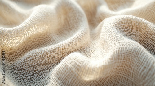 Close-Up of Beige Textured Fabric with Soft Waves and Intricate Weave Pattern in Natural Light