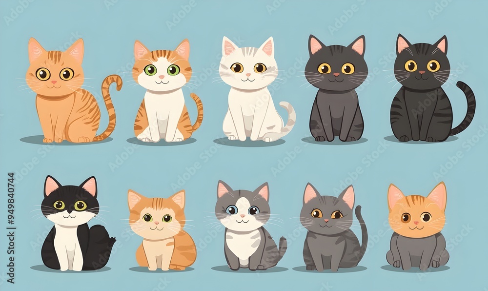 Adorable Cartoon Cats of Different Breeds in Playful Poses on Baby Blue Background Adorable Cartoon Cats of Different Breeds in Playful Poses on Baby Blue Background