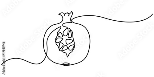 Pomegranate in Continuous single one line drawing.  One line drawing of fruit. Happy Shana Tova Fruit contour with editable stroke. Line art sketch. Abstract minimalistic style. Pro vector.