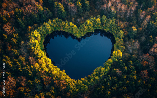 Aerial view of heart-shaped lake surrounded by dense autumn forest with vibrant colors, showcasing natural symmetry, calm water reflection, and serene landscape in autumnal season photo