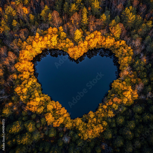 Aerial view of heart-shaped lake surrounded by dense autumn forest with vibrant colors, showcasing natural symmetry, calm water reflection, and serene landscape in autumnal season photo