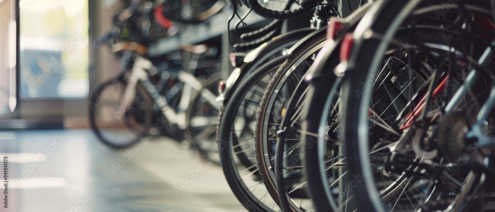 An array of bicycles aligned closely together inside a store, providing a glimpse of the diverse selection available. An array of bicycles aligned closely together inside a store, providing a glimpse of the diverse selection available.