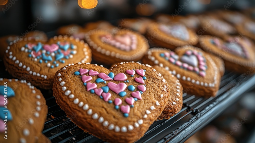 Delicious heart-shaped gingerbread cookies with colorful icing are beautifully arranged, showcasing festive decorations perfect for a cultural celebration. Delicious heart-shaped gingerbread cookies with colorful icing are beautifully arranged, showcasing festive decorations perfect for a cultural celebration.