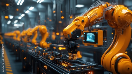 Advanced Robotic Arms in a High-Tech Manufacturing Facility with Automated Assembly Line