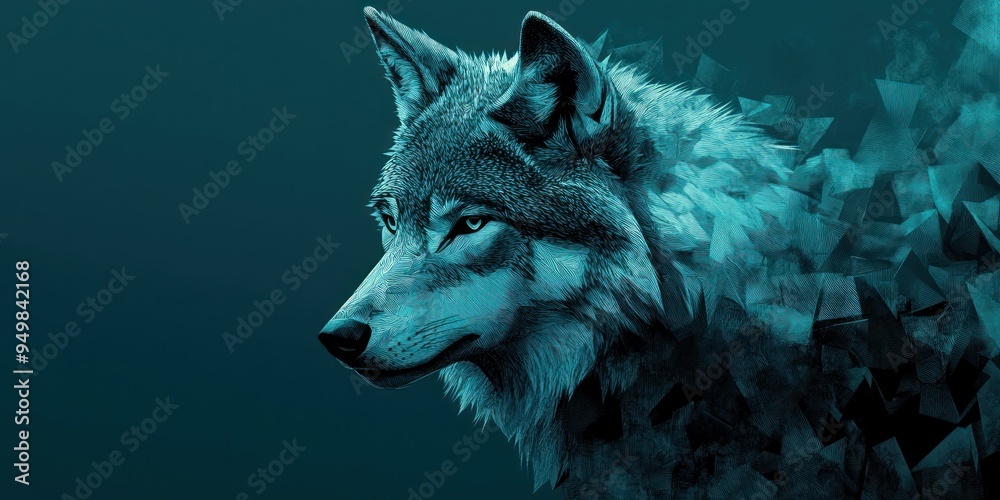 Wolf Portrait with Geometric Pattern and Teal Background Wolf Portrait with Geometric Pattern and Teal Background