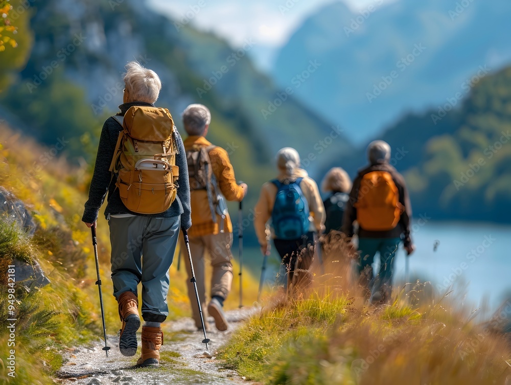 Seniors Enjoying Scenic Hiking Trail in Nature on Retirement Adventure Seniors Enjoying Scenic Hiking Trail in Nature on Retirement Adventure