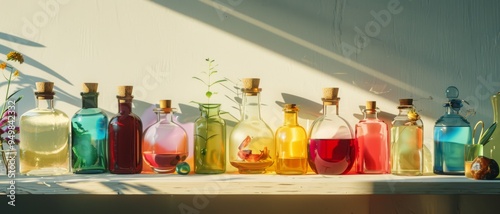 A colorful arrangement of glass bottles on a sunlit table, with plants sprouting from some, creating a whimsical and cheerful atmosphere.