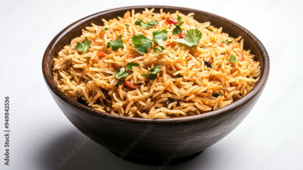 A bowl of fragrant biryani rice garnished with herbs, placed on a clean white background, showcasing the intricate details and spices. A bowl of fragrant biryani rice garnished with herbs, placed on a clean white background, showcasing the intricate details and spices.