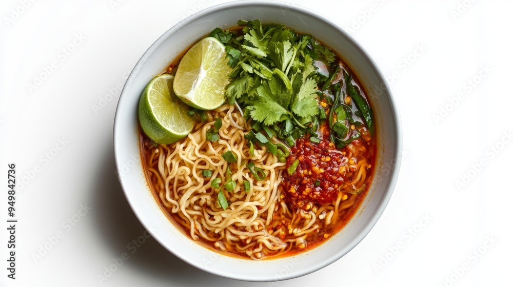 A bowl of noodles with a side of chili paste and fresh lime wedges, artistically arranged on a white background, representing a balanced and flavorful meal. A bowl of noodles with a side of chili paste and fresh lime wedges, artistically arranged on a white background, representing a balanced and flavorful meal.