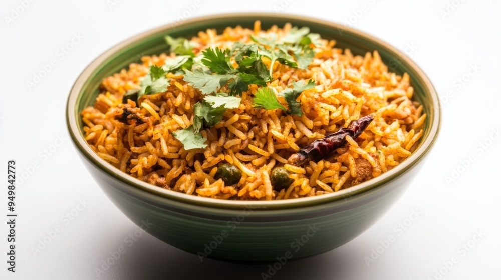 A bowl of fragrant biryani rice garnished with herbs, placed on a clean white background, showcasing the intricate details and spices. A bowl of fragrant biryani rice garnished with herbs, placed on a clean white background, showcasing the intricate details and spices.
