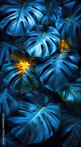 neon light, surrounded by palm leaves on a dark background