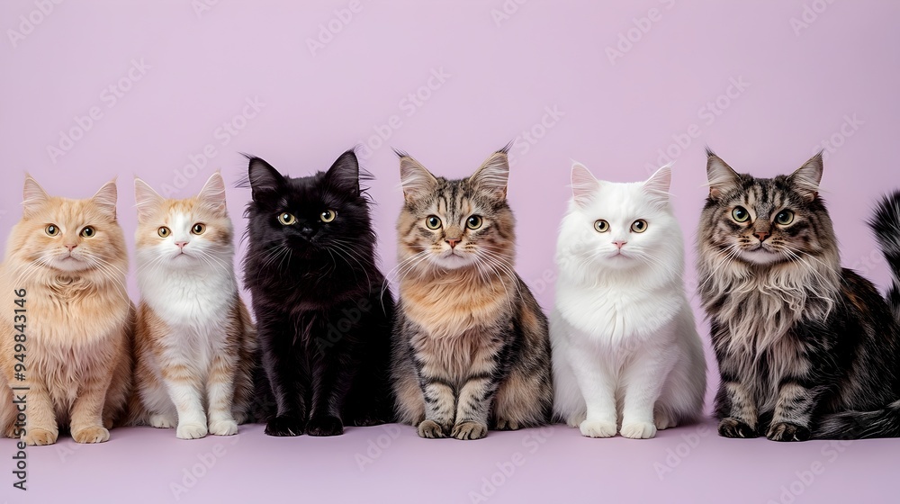 Diverse Worldwide Breeds of Domestic Cats on Pastel Lilac Background Diverse Worldwide Breeds of Domestic Cats on Pastel Lilac Background