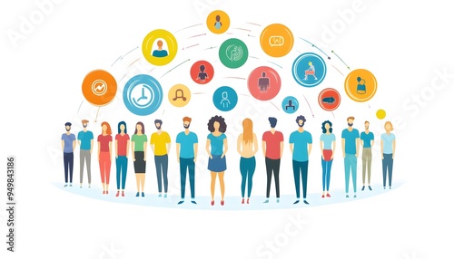 Diverse Group of People Connected by Colorful Icons and Arrows photo