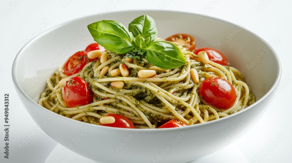 A bowl of spaghetti with pesto sauce, pine nuts, and cherry tomatoes, set against a clean white surface to highlight its vibrant colors. A bowl of spaghetti with pesto sauce, pine nuts, and cherry tomatoes, set against a clean white surface to highlight its vibrant colors.