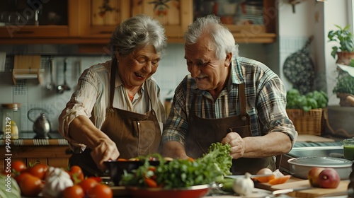 Elderly Couple Cooking a Meal Together in Their Cozy Kitchen Sharing Laughter and Love